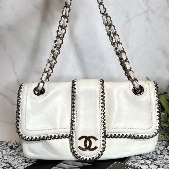 Authentic CHANEL CC Classic Madison Flap Bag Quilted Handbag Lambskin White - Picture 3 of 11